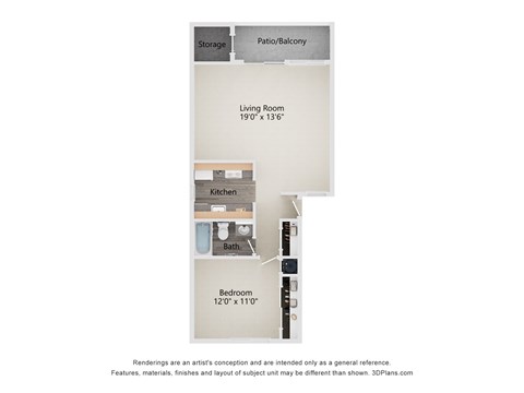 Floor plan for 1 bed, 1 bath, 722 sqft